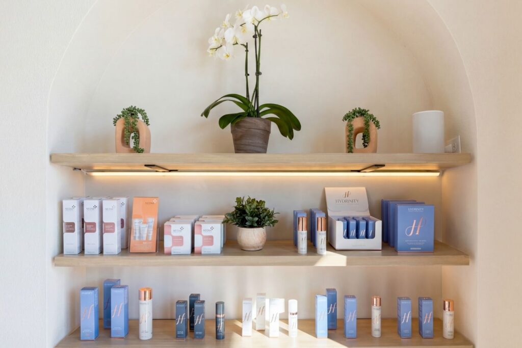 Skincare Display Shelf With Orchids And Luxury Products.
